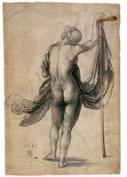 Study of a Standing Woman, Viewed from Behind, One Hand on a Pole from Which Hangs a Veil