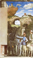 Servants with Horse and Dogs, West Wall, called The Meeting (left detail), Camera Picta