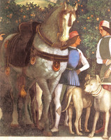 Servants with Horse and Dogs, West Wall, called The Meeting (left detail), Camera Picta