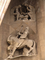 Temple of Sagrada Familia, detail of Passion façade, sculpture of portal of Hope