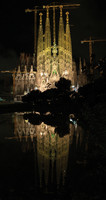 Temple of Sagrada Familia, image of the old façade reflected in the park’s lake