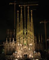 Temple of Sagrada Familia, view of the old façade as seen at night