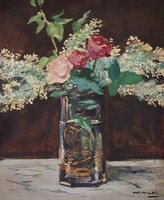 Vase mit weißem Flieder und Rosen