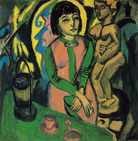 Woman Seated by a Wooden Sculpture