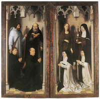 Antheunis Seghers and Jacob de Keunic are represented by Saint Anthony and Saint James the Greater and Saint Agnes and Saint Claire represent the hospital sisters Agnes asembrood and Clara Van Hulsen (exterior shutters of the Altarpiece of the Two Saint J