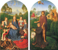 Diptych of Jan du Cellier, Burgher of Bruges (left panel: Virgin and Child in an Enclosed Garden, Surrounded by Saints; right panel: Saint John the Baptist and Du Cellier at Prayer)