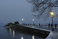 Lingering snows on Broken Bridge at West Lake in Hangzhou China