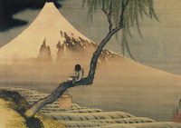 Flute Player Sitting on a Willow Branch, Contemplating Mount Fuji