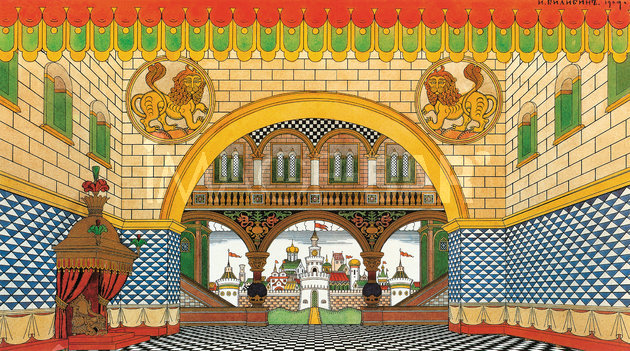 Ivan Bilibin, Tsar Dodon's Palace, stage-set design for Act I of The Golden Cockerel by Nikolai Rimski- Korsalov.
