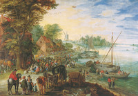 Jan I Brueghel l’Ancien, Marché au poisson sur le bord du fleuve