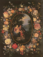 Jan I Brueghel l’Ancien, Jan II Brueghel le Jeune et Frans II Francken le Jeune, Guirlande de fleurs avec la Sainte Famille