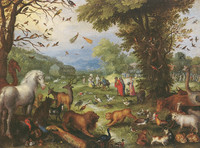 Jan I Brueghel l’Ancien, Paysage de paradis avec l’embarquement des animaux dans l’arche de Noé