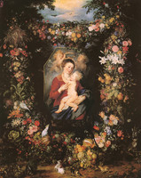 Jan Brueghel the Elder and Petrus Paulus Rubens, The Virgin and the Infant Jesus in a Frame Surrounded by Flowers and Fruit