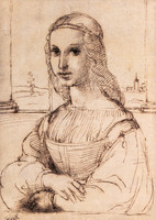 Head and shoulders of a woman, in three-quarter profile facing left, with folded arms