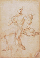 Homme nu assis, jouant de la « lyre à bras » (étude pour Apollon dans le Parnasse, à droite détail du bras et de l’instrument)