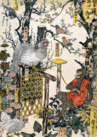 Peach, Plum, Chrysanthemum, a Monkey, and Chickens, From the series "Shellwork Exhibition at Okuyama in Asakusa"